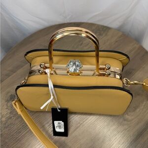 LA TERRE  Satchel Top Handle Bag Gem Accent Gold Handles Detachable Strap